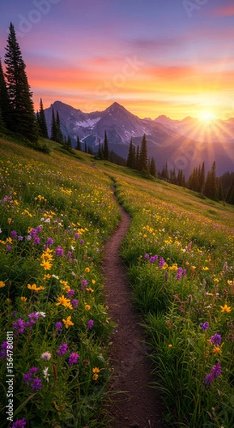 Fototapeta Trail to the Horizon: A scenic pathway winds its way through a vibrant meadow, leading towards majestic mountains under a breathtaking sunset sky, evoking a sense of adventure and tranquility.