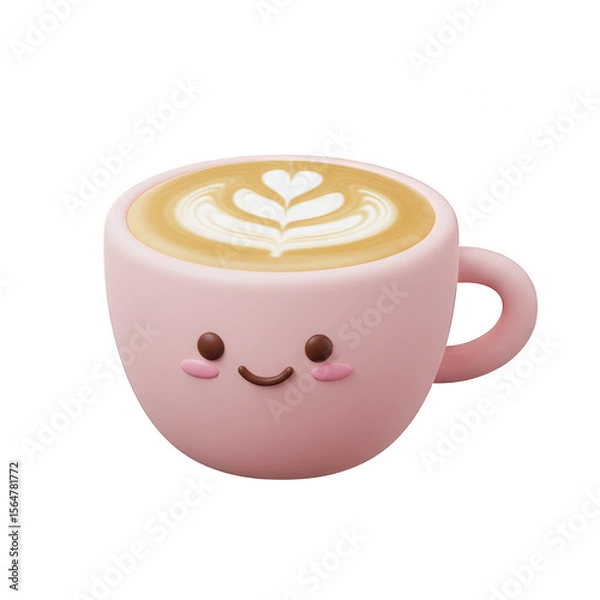 Fototapeta Cute pink coffee cup with latte art and happy face isolated on transparent background