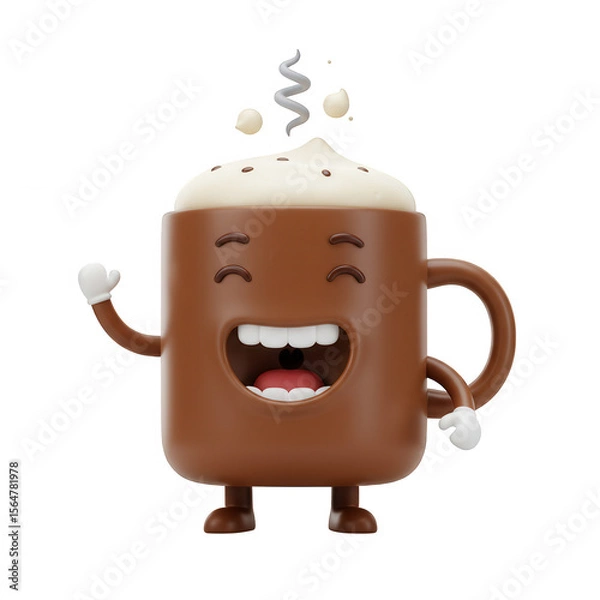 Fototapeta Happy cartoon coffee mug character waving hello with steaming hot beverage isolated on transparent background