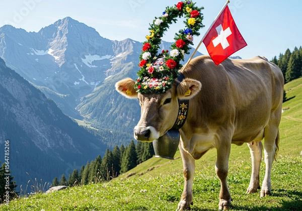 Obraz Traditional Swiss Cow with Flag. August 1, Swiss National Day