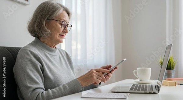 Obraz a senior woman reviewing documents in front of a laptop, a modern workspace,