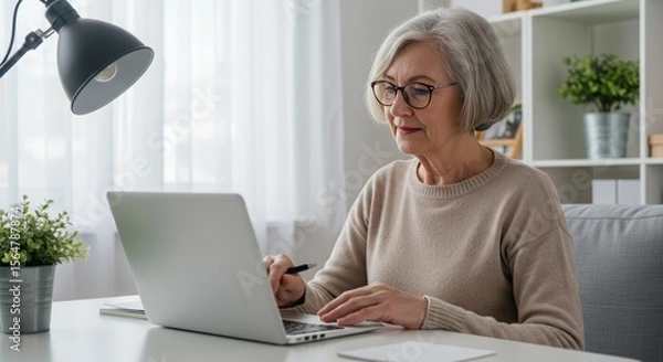 Obraz a senior woman reviewing documents in front of a laptop, a modern workspace,