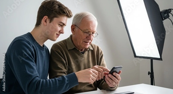 Obraz elderly man looking at his cell phone and being assisted by a teenager, location in a park with a little empty space for writing, bright white light background, beautiful and professional camera captu