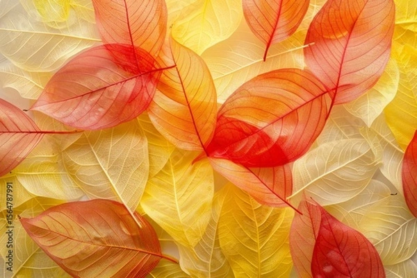 Fototapeta Autumn background of yellow and red transparent leaves.