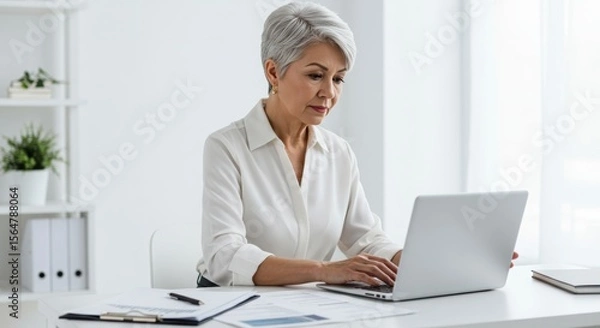 Obraz a senior woman reviewing documents in front of a laptop, a modern workspace,