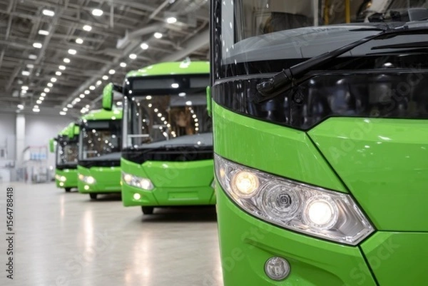 Fototapeta New green buses parked in a row inside factory building, headlights of new green passenger buses.
