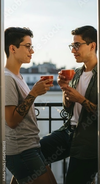 Obraz Non-binary couple sipping tea on the balcony, on the roof terrace, warm afternoon, candid moment