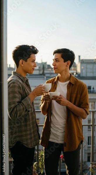 Obraz Non-binary couple sipping tea on the balcony, on the roof terrace, warm afternoon, candid moment