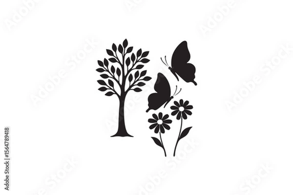 Fototapeta Tree Two Butterfly Over Flower silhouette on white background.01