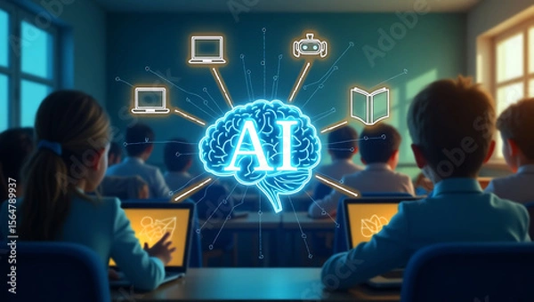 Obraz Children learning about artificial intelligence and technology in a modern classroom setting with glowing icons