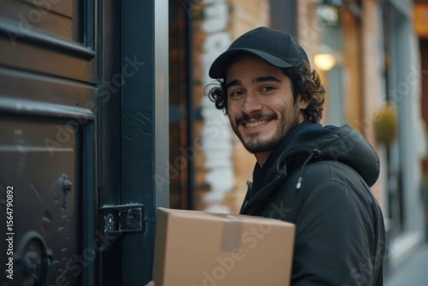 Fototapeta Delivery man with a box at the door of the house. 