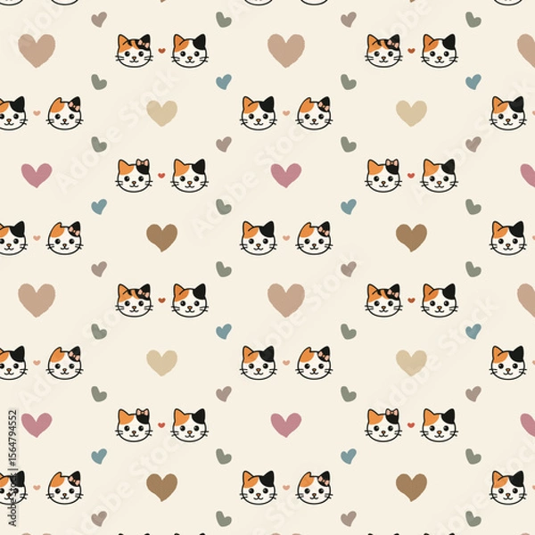 Fototapeta Seamless pattern with cute calico cat faces and hand-drawn hearts in soft earth tones. Ideal for baby products, pet-themed textiles, wrapping paper, and children’s stationery.