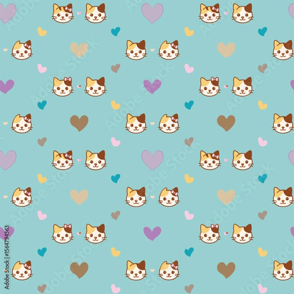 Fototapeta Seamless pattern with cute calico cat faces and hand-drawn hearts in pastel tone. Ideal for baby products, pet-themed textiles, wrapping paper, and children’s stationery.