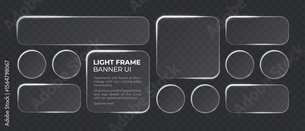 Fototapeta Liquid glass smartphone interface isolated. White ui light frame square and circle banner with shine stroke. Control center widget for smartphone and web app, vector illustration.