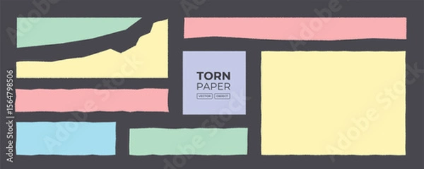 Fototapeta Jagged rectangle set with ripped edges isolated on dark. Colored paper rec, circle, strip for note, label, text banner. Torn paper yellow, red, blue in old grunge style, vector illustration.