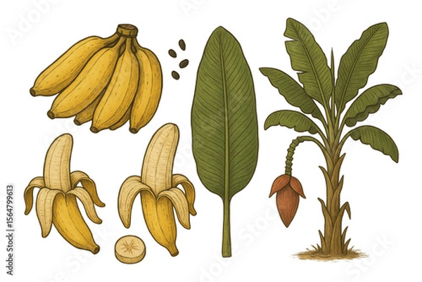 Fototapeta Tropical Banana Tree with Fruit and Foliage, Detailed Render