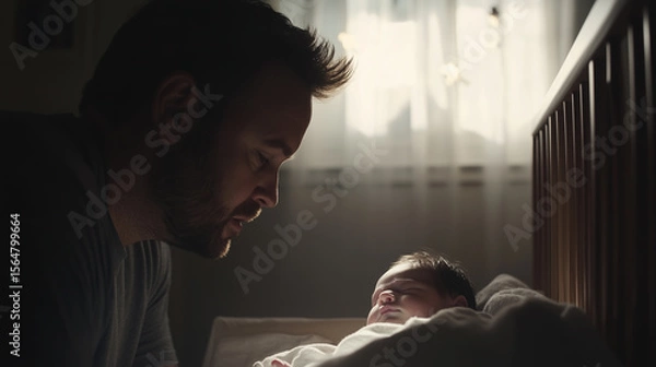 Obraz Father lovingly observes his newborn baby sleeping peacefully in a crib during soft morning light