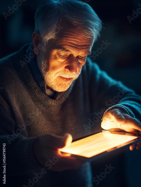 Obraz Man carefully reviews eldercare coverage options for his parents in a dimly lit room with a tablet