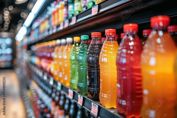 Fototapeta Convenience store shelf with beverage section, soft blur, high-resolution background