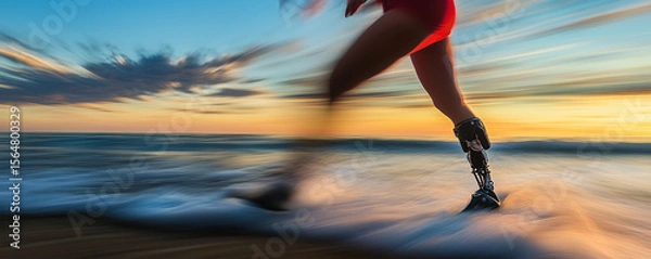 Obraz Woman with prosthetic leg runs confidently along the beach during sunset, celebrating resilience and determination in physical activity