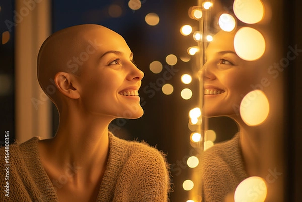 Obraz Woman with alopecia smiles at her reflection in a softly lit room with glowing fairy lights during evening hours