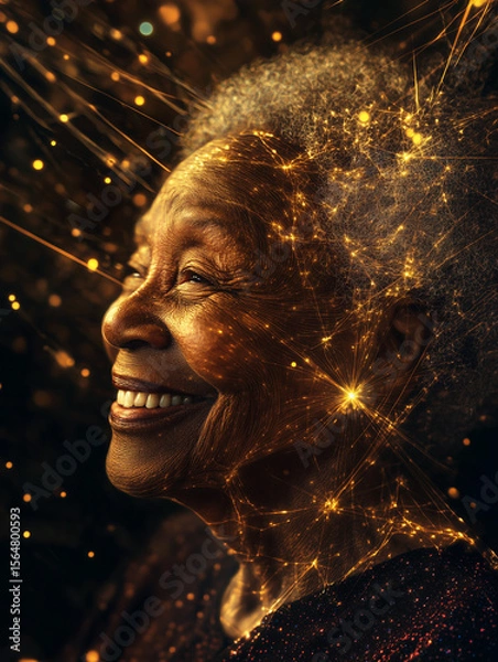 Obraz Elderly woman enjoys heartfelt video call with family while glowing with joy and warmth in a cozy home environment in the evening