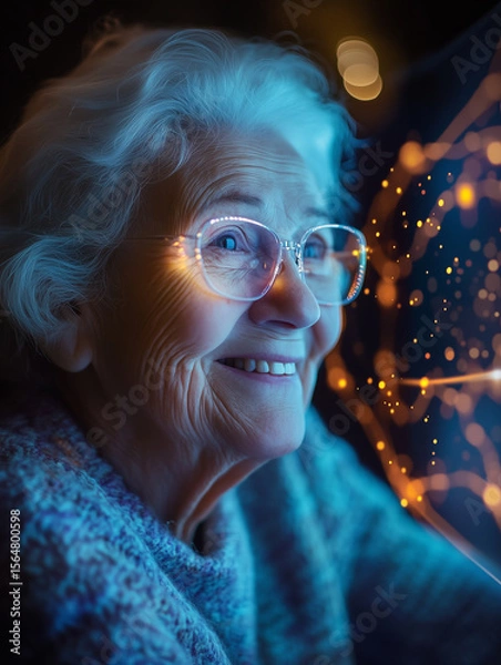 Obraz Elderly woman enjoys joyful video chat with family during evening at home, smiling warmly as she connects through technology