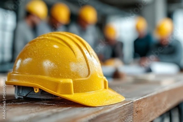 Obraz Construction Hard Hat on Desk with Blurred Team in Background  
