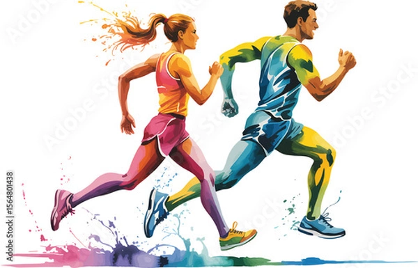 Obraz Dynamic Watercolor Runners Illustration