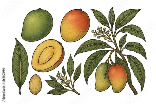 Fototapeta Botanical Illustration of Mango Fruit and Tree Branches Set