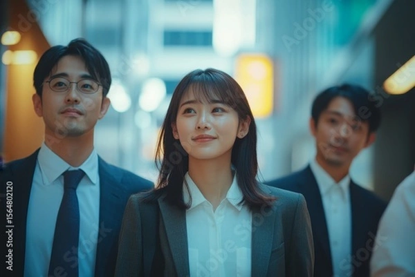 Fototapeta Asian businesspeople walking together to their office, discussing the day's agenda and team goals, Generative AI