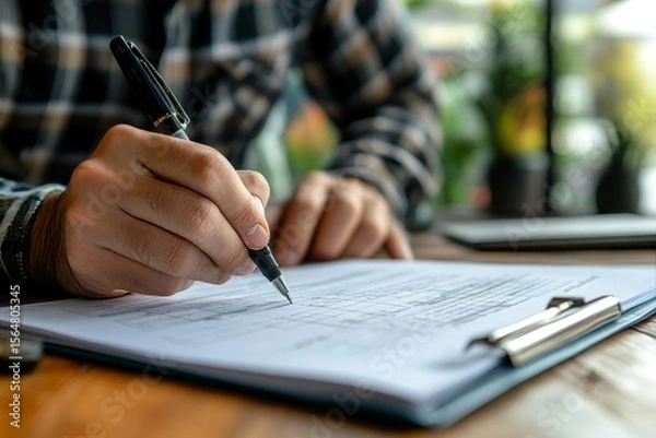 Fototapeta Auto check-up and car service shop concept: Mechanic writing a job checklist to estimate repair costs for the client, Generative AI