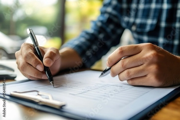 Fototapeta Auto check-up and car service shop concept: Mechanic writing a job checklist to estimate repair costs for the client, Generative AI