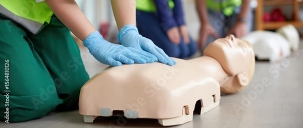 Fototapeta People performing cardiopulmonary resuscitation (CPR) training on an AED (Automated External Defibrillator) mannequin doll. A first aid class is being held in an office