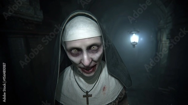 Fototapeta A screenshot of a horror video game. A zombie nun as a computer game character. Evil. Haunt