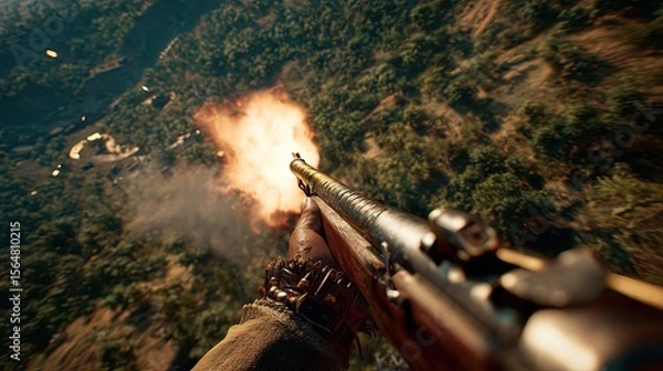 Fototapeta First-person shooter. Computer game about war. A screenshot of a video game