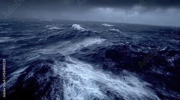 Fototapeta Rough sea waves, view from the deck. Challenging weather conditions. Open ocean during an extremely stormy day