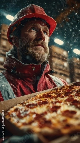 Fototapeta Worker in warm clothing holding a pizza box in snowy weather inside a warehouse during evening hours