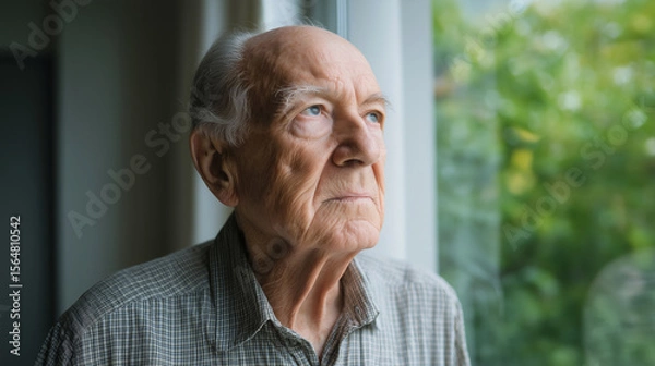 Fototapeta Elderly man gazes thoughtfully through a window in a nursing home during late afternoon light