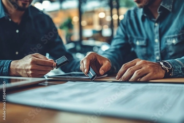 Fototapeta Car rental service concept: Close-up view of agent handing car keys to a client at the rental office, Generative AI