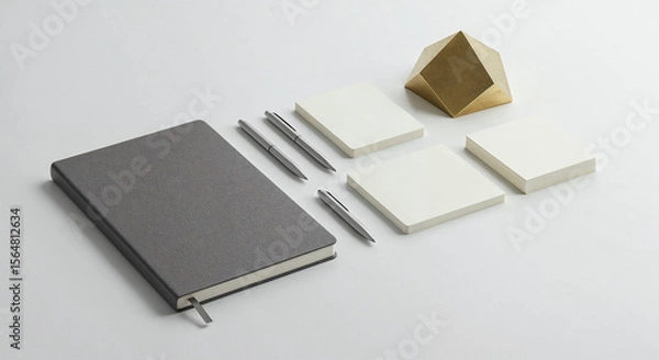 Obraz Minimalist Workspace Mockup with Notebook, Pens, and Geometric Object
