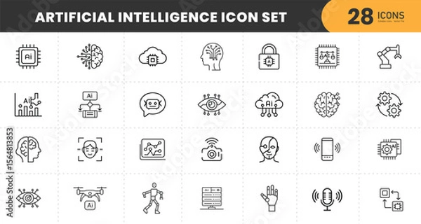 Obraz  Artificial intelligence icon set. Containing machine learning, AI, generative AI, technology, virtual assistant , Robotics, Technical support, LLM and more. Solid vector icons collection
