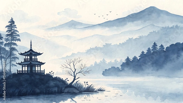 Fototapeta Serene Asian Landscape Watercolor Painting with Pagoda, Mountains, Trees and Lake Featuring a Tranquil Nature Scene in a Peaceful Environment
