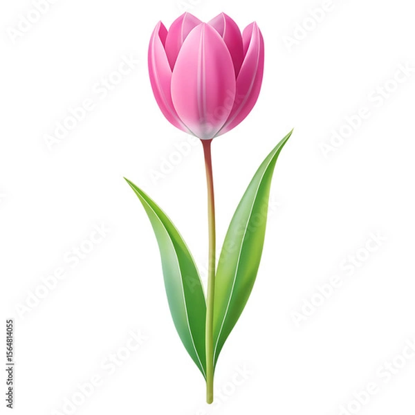Fototapeta A single pink tulip flower with green leaves isolated on transparent background