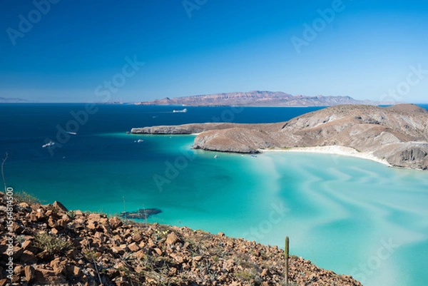 Obraz Captivating aerial view of Baja California's coastline, showcasing turquoise waters, rocky hills, and distant islands under a clear blue sky