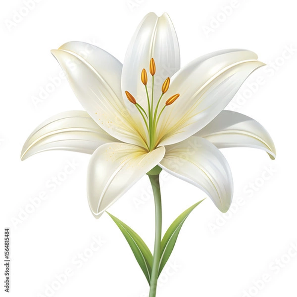 Fototapeta A beautiful white lily flower with a green stem is isolated on transparent background