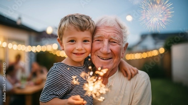 Fototapeta A joyful grandfather and his happy grandson celebrating a summer holiday together in a backyard at dusk, their faces warmly illuminated by the bright sparkler they are holding.