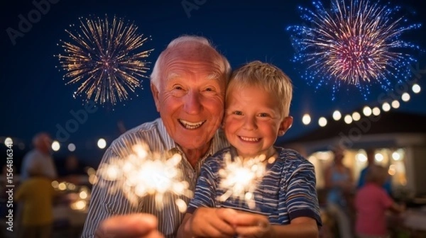 Fototapeta A joyful grandfather and his happy grandson celebrating a summer holiday together in a backyard at dusk, their faces warmly illuminated by the bright sparkler they are holding.