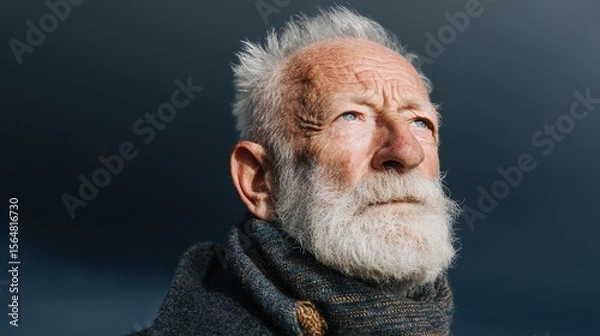 Obraz Portrait of elderly man with white hair and beard in dark scarf gazing upward, evoking themes of reflection, wisdom, and aging in a moody setting