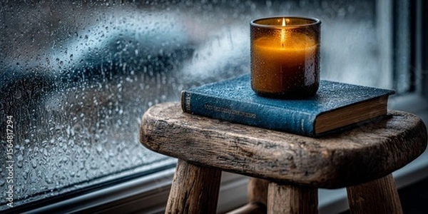 Obraz Warm candlelight and literature create a cozy, introspective atmosphere by a rainy window, ideal for relaxation, mindfulness, and home comfort marketing